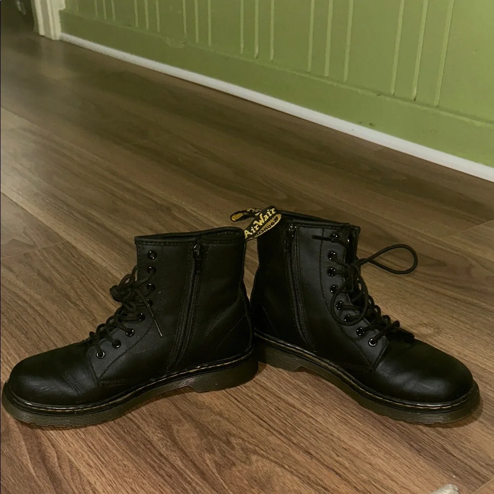 Dr. Martens Black Leather Lace-Up Boots with Yellow Pull Tab